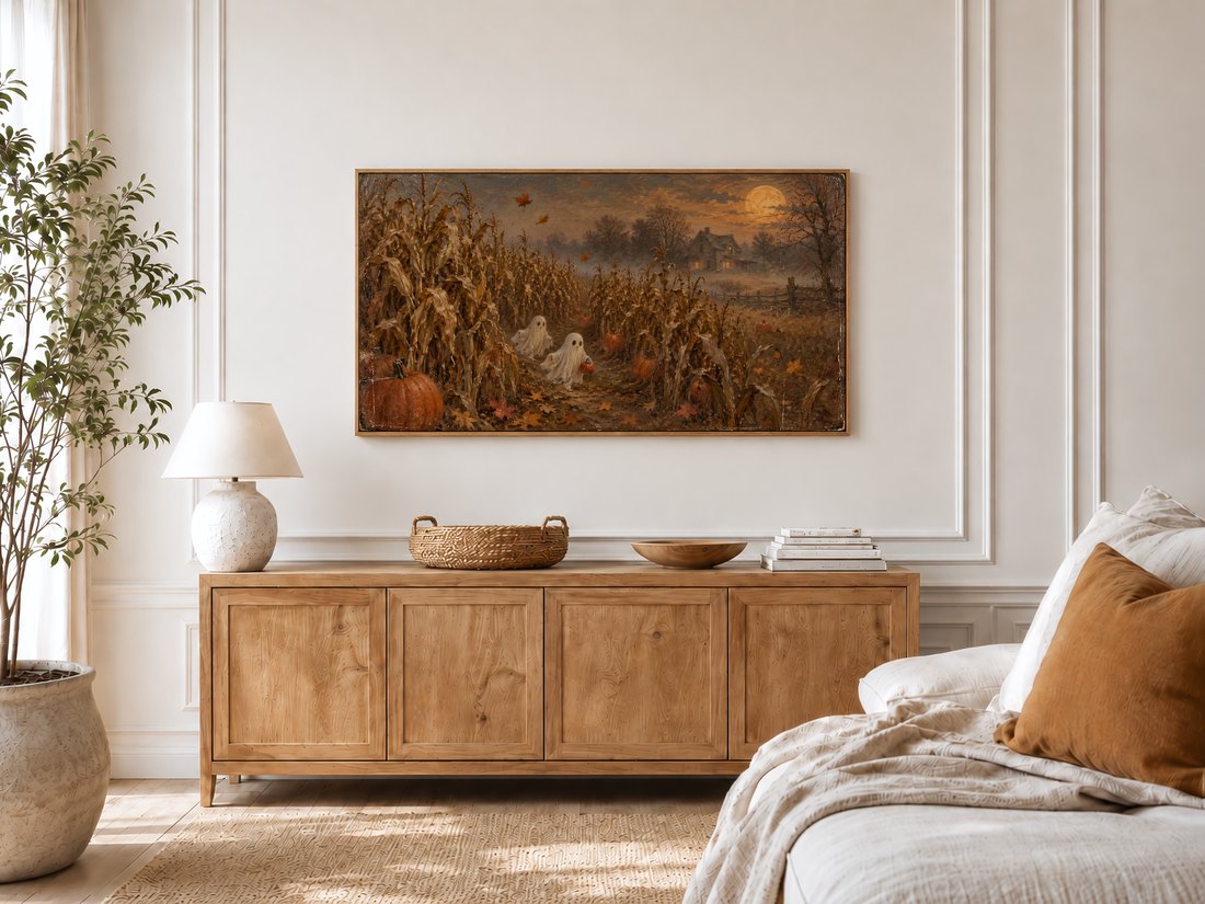 Moody harvest moon and ghost cornfield displayed on light oak-framed bedroom TV above rustic console with ceramic lamp, olive tree by window and linen bed.