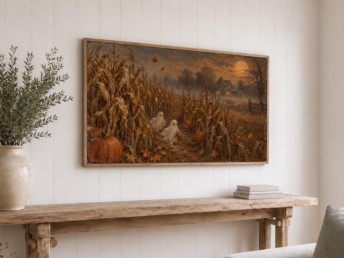 Golden autumn ghost field art on white shiplap wall above light oak Frame TV, with reclaimed wood console holding cream vase and olive branches.