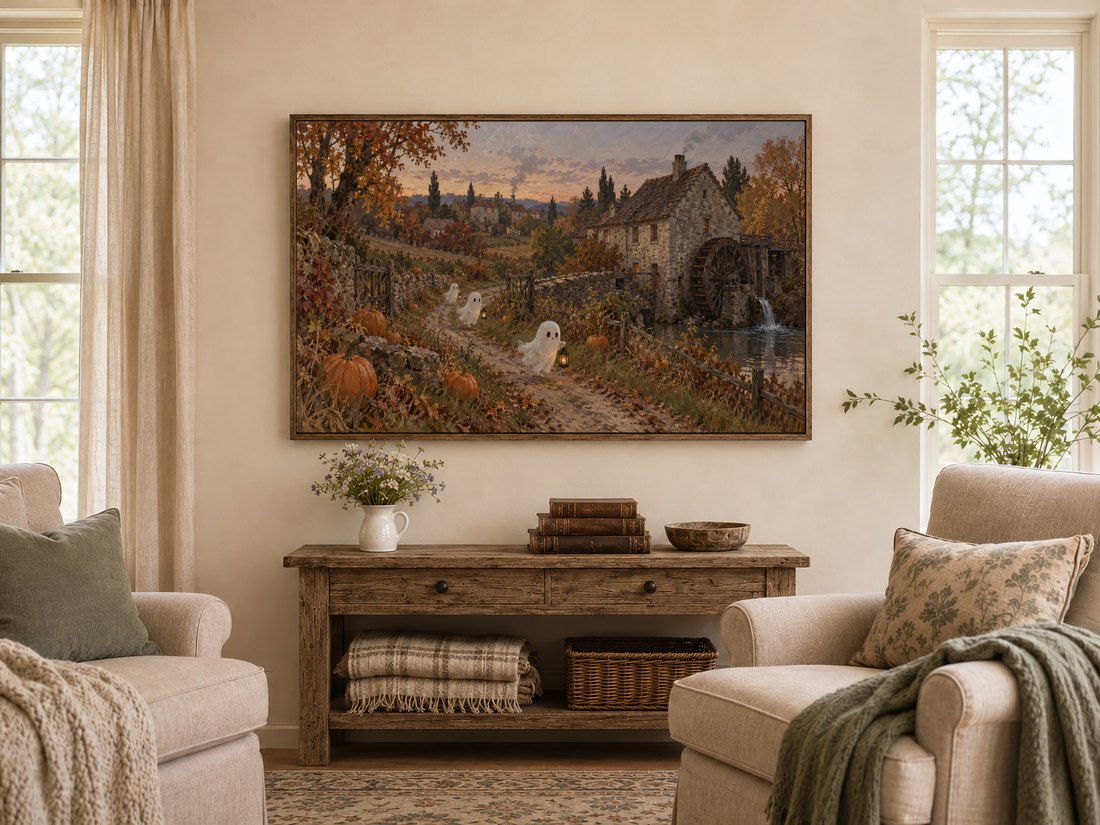 Autumn ghosts landscape displayed on Frame TV in a warm farmhouse living room with a dark reclaimed-wood frame, rustic console table holding white wildflowers and antique books, cream armchairs with sage cushions and tall linen-curtained windows