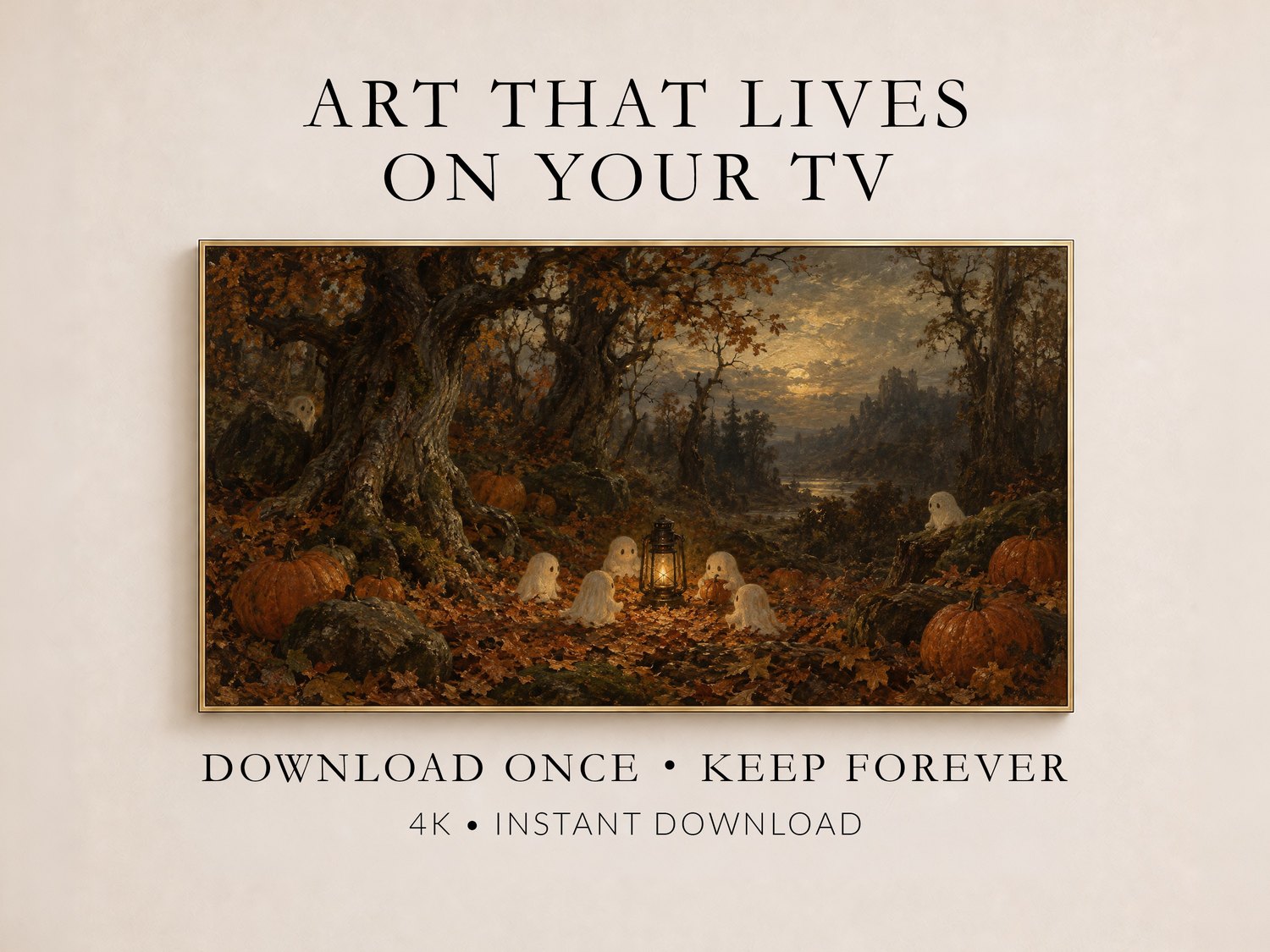 Promotional display showing a haunted autumn forest frame TV art with ghostly figures around a lantern and pumpkins in golden woodland, framed in gold on cream wall.