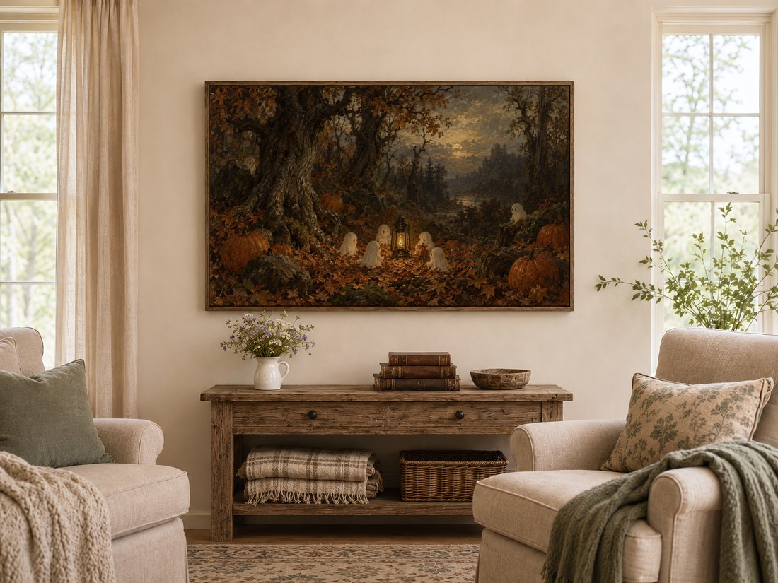 Moody autumn forest ghosts scene shown on dark frame above a rustic farmhouse console table with wildflowers and books, paired with cream armchairs and sage cushions.