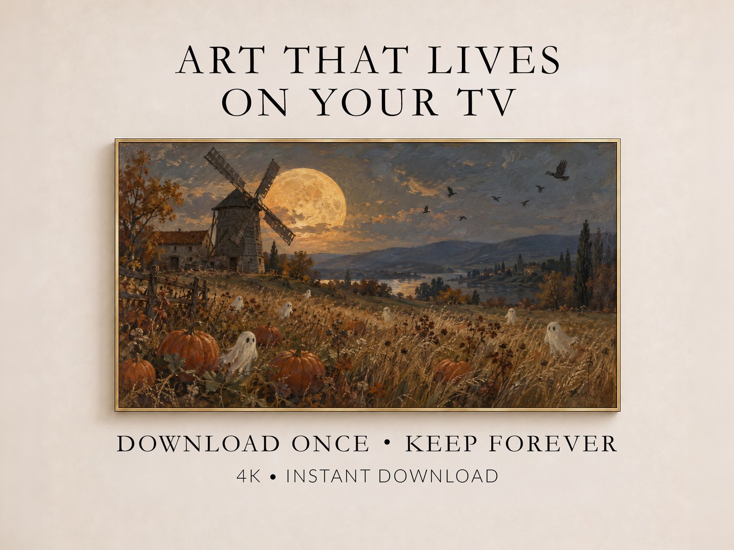 Ghostly Pumpkin Patch Windmill Frame TV Art showing a golden harvest moon, windmill, and floating ghosts in autumn fields, displayed on a promotional layout.