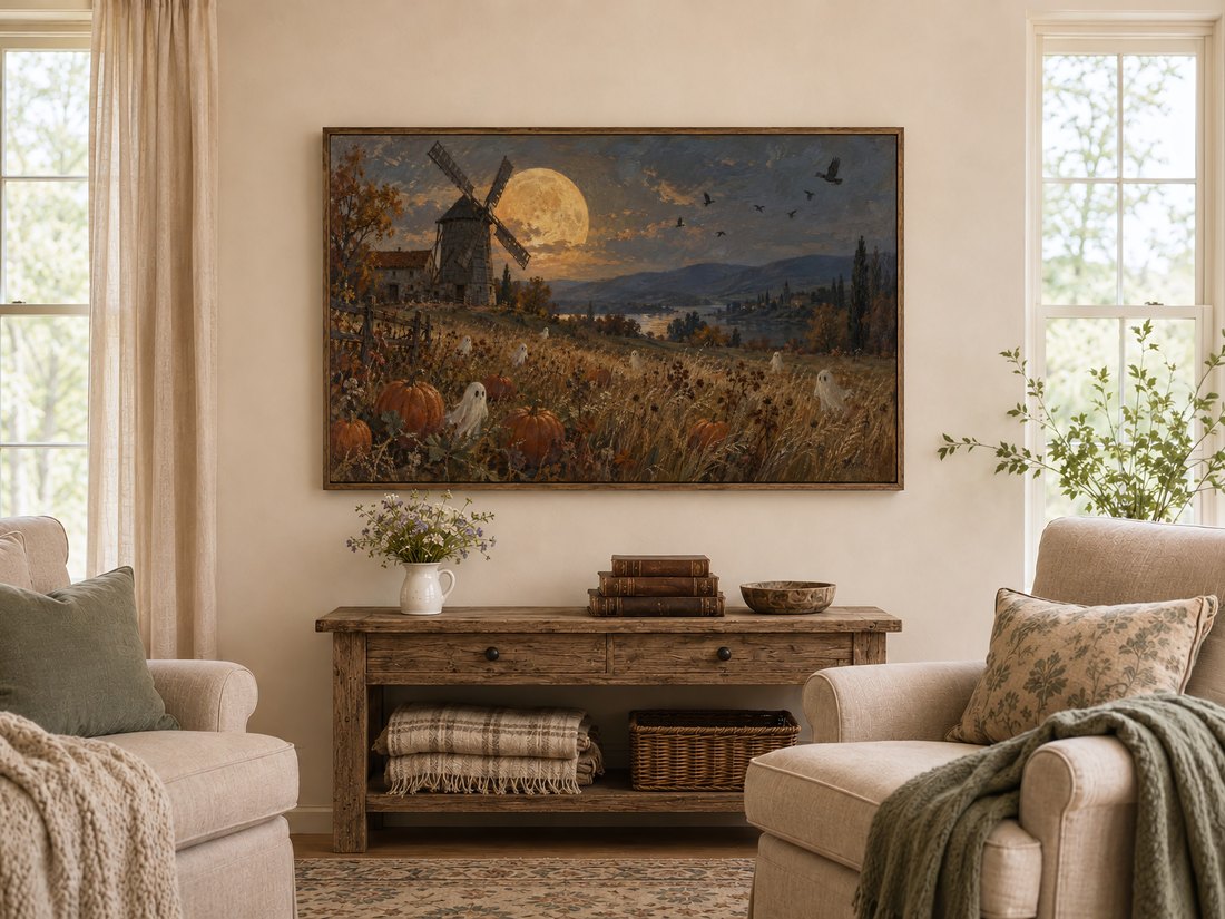 Haunting harvest moon and windmill artwork displayed on a cream wall above a rustic console table with wildflowers, antique books and carved bowl, flanked by cream armchairs in a cosy farmhouse living room.