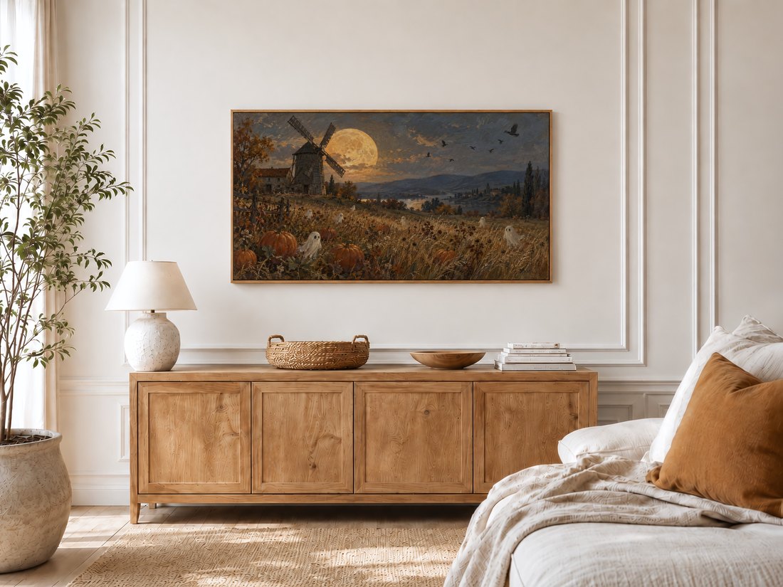 Autumn ghost and pumpkin patch Frame TV art hung on cream panelled moulding above a light oak sideboard with ceramic lamp and rattan tray, next to an olive tree in a bright, airy bedroom.