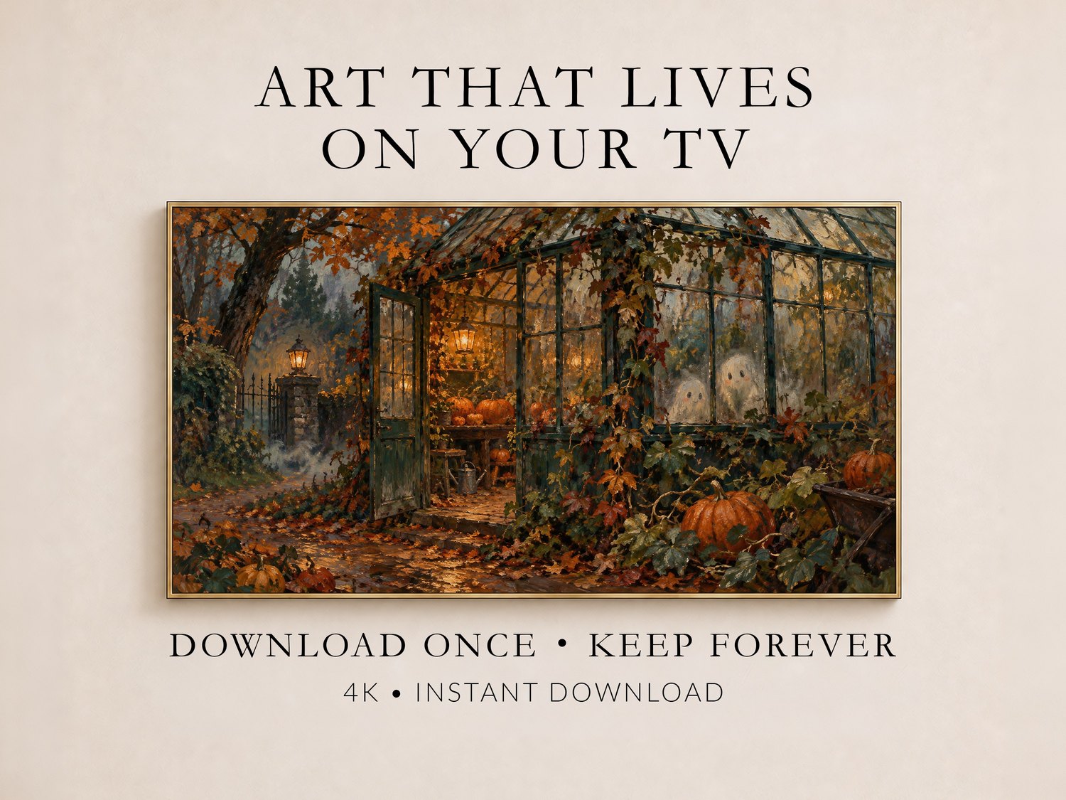 Autumn Pumpkin Greenhouse Frame TV Art displayed in a thin gold frame on a soft cream wall, showing a moody fall scene with glowing pumpkins in a Victorian greenhouse surrounded by autumn vines and lantern light.