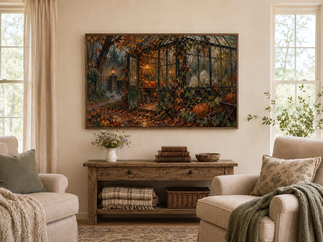 Autumn Pumpkin Greenhouse Frame TV Art displayed in a dark frame above a rustic console table in a warm farmhouse living room, flanked by cream armchairs with sage cushions, featuring the moody autumn scene with glowing pumpkins and vintage