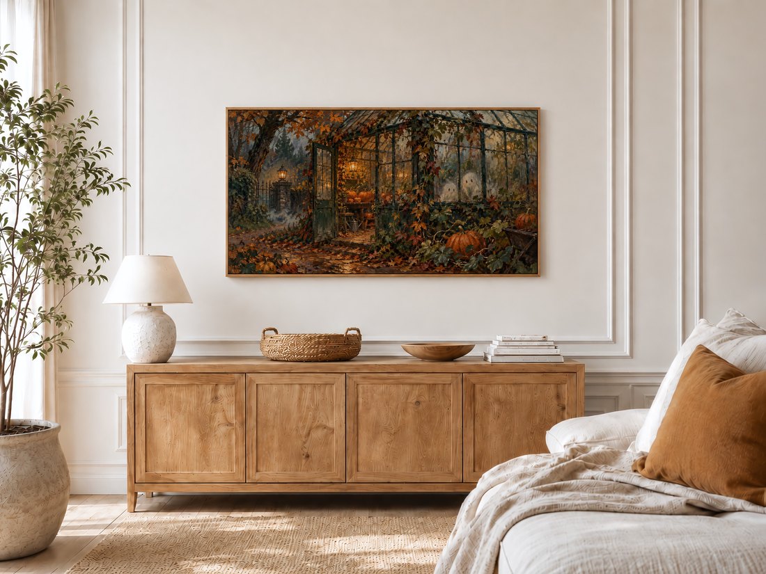 Autumn Pumpkin Greenhouse Frame TV Art shown in a light oak frame in a bright bedroom with cream panelled moulding, above a light oak sideboard with a textured ceramic lamp, rattan tray and wooden bowl, with an olive tree by the window.