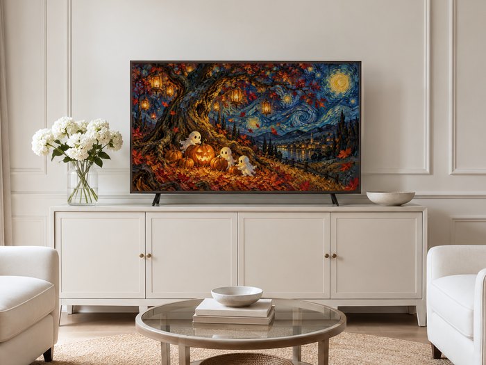 Halloween Frame TV Art displayed on a neutral living room wall above a cream sideboard, flanked by white hydrangeas and pale armchairs on a jute rug, bringing autumn magic to the space.