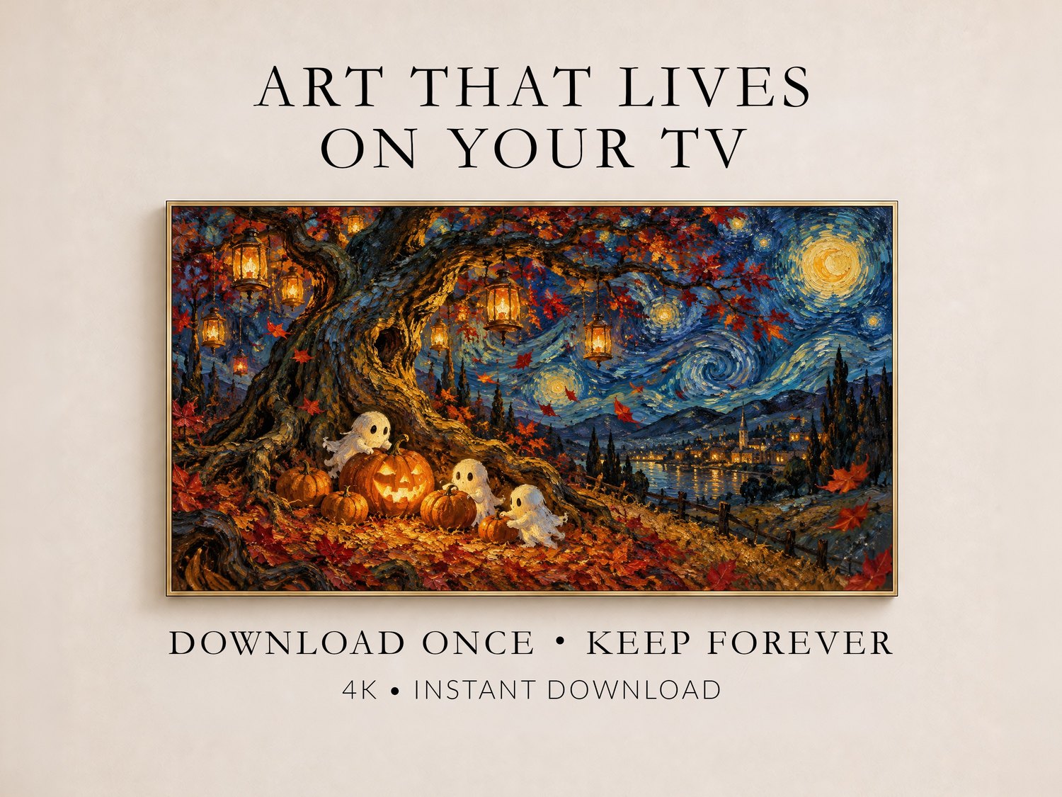 Van Gogh-inspired Halloween Frame TV Art showing glowing jack-o-lanterns, floating ghosts and lanterns under a starry, swirling blue and gold night sky with a distant illuminated village.