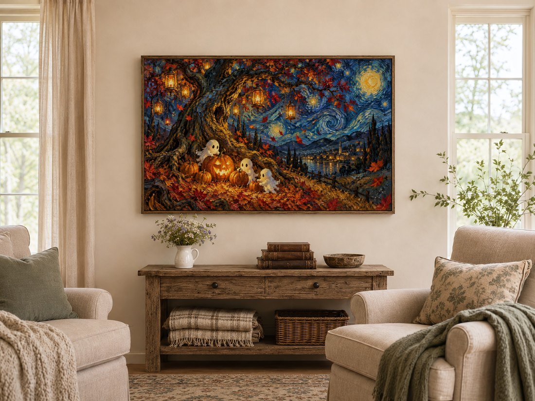 Halloween Frame TV Art hung above a rustic farmhouse console table with wildflowers and antique books, surrounded by cream armchairs with sage cushions and tall curtained windows.