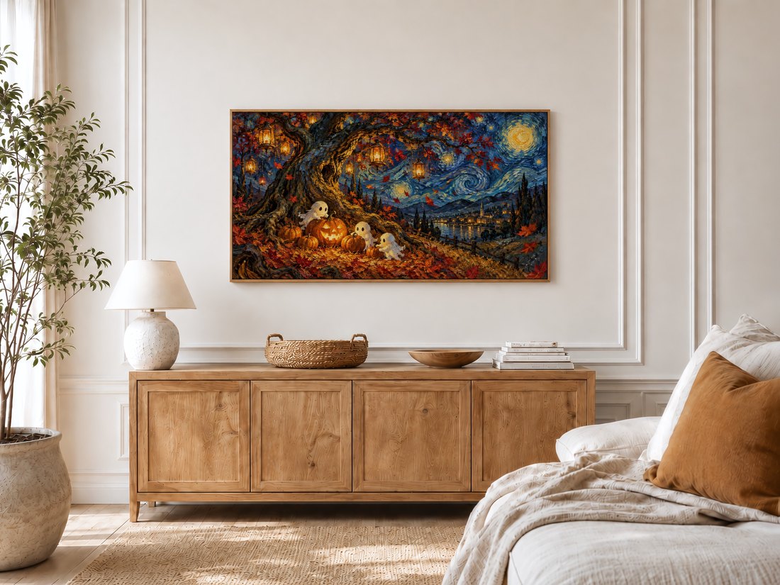 Halloween Frame TV Art in a bright bedroom with cream panelled moulding, displayed above a light oak sideboard with ceramic lamp and potted olive tree, creating seasonal warmth.