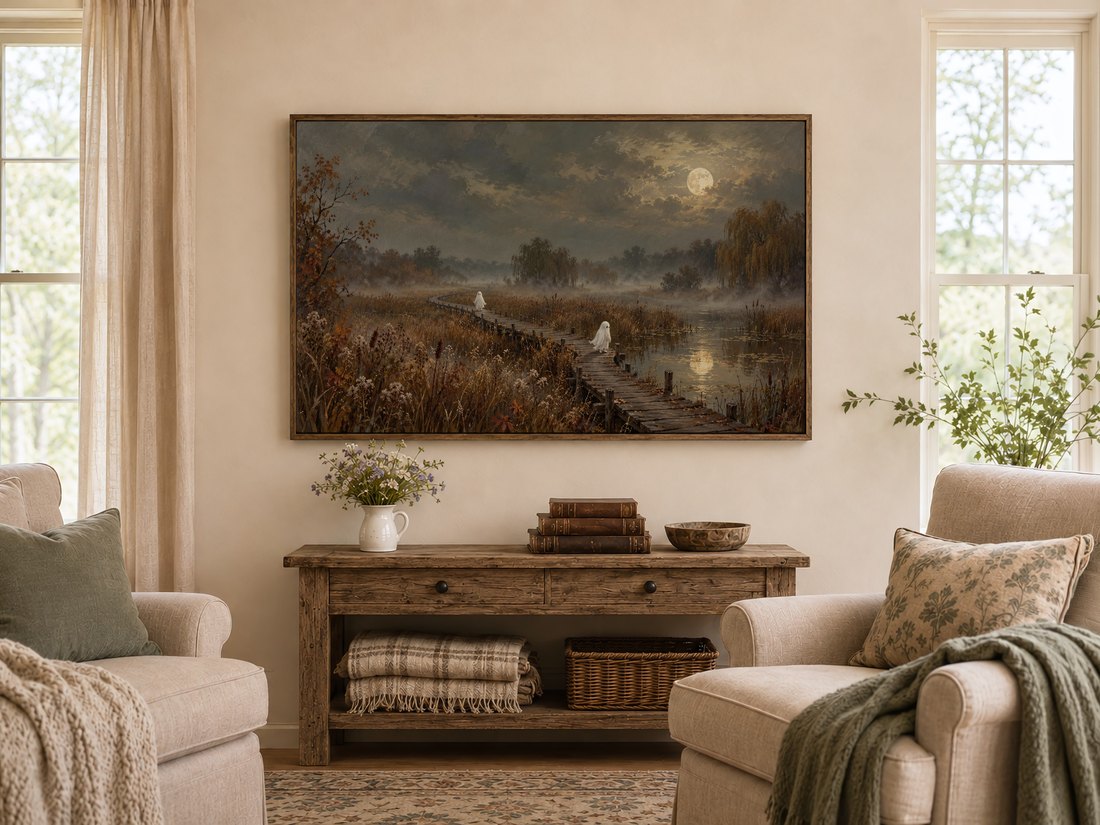 Misty lake scene with full moon and two spectral figures displayed on a Frame TV in a dark reclaimed-wood frame above a rustic console table in a warm farmhouse living room with cream armchairs