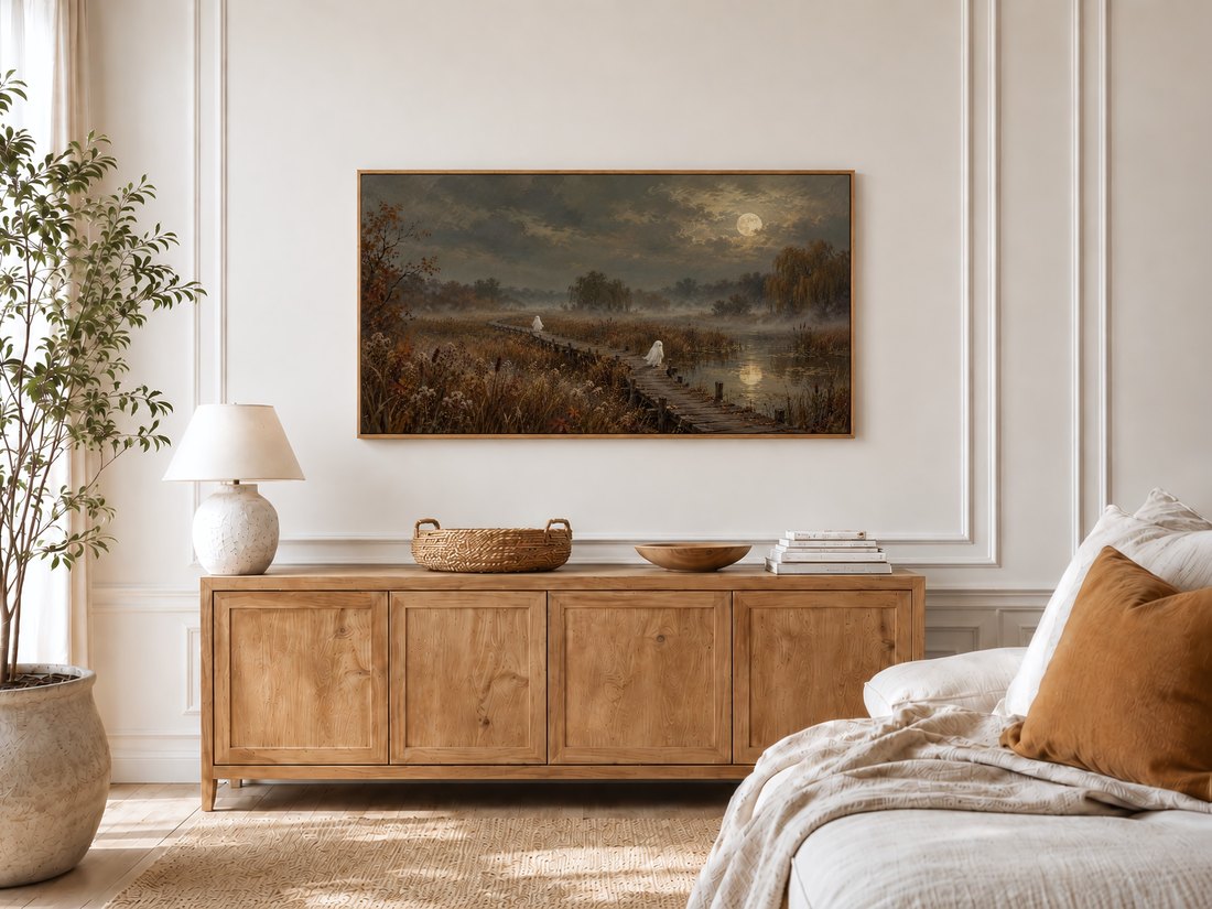 Haunting boardwalk and moonlit water artwork shown on a Frame TV in a bright cream panelled bedroom with light oak sideboard, potted olive tree and linen bedding