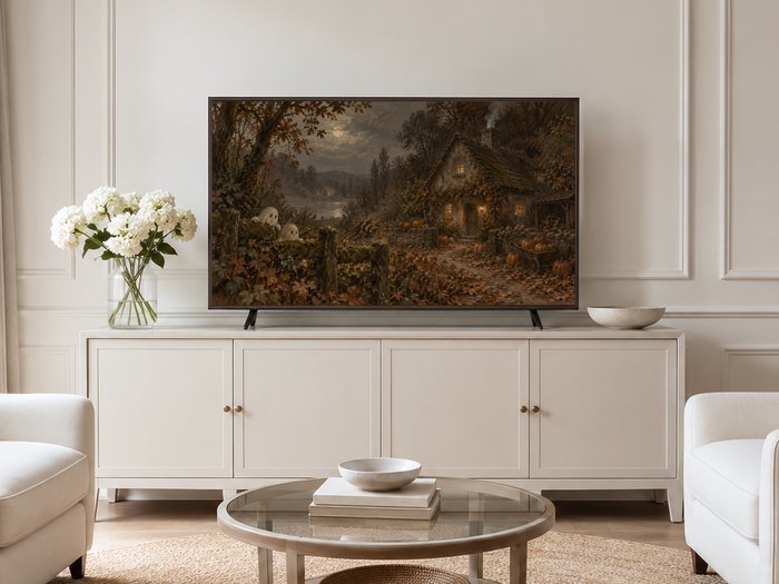 Haunted Autumn Cottage Frame TV Art on a cream panelled wall in a neutral living room above a sideboard with white hydrangeas and a glass coffee table, bringing moody gothic autumn to bright modern decor.