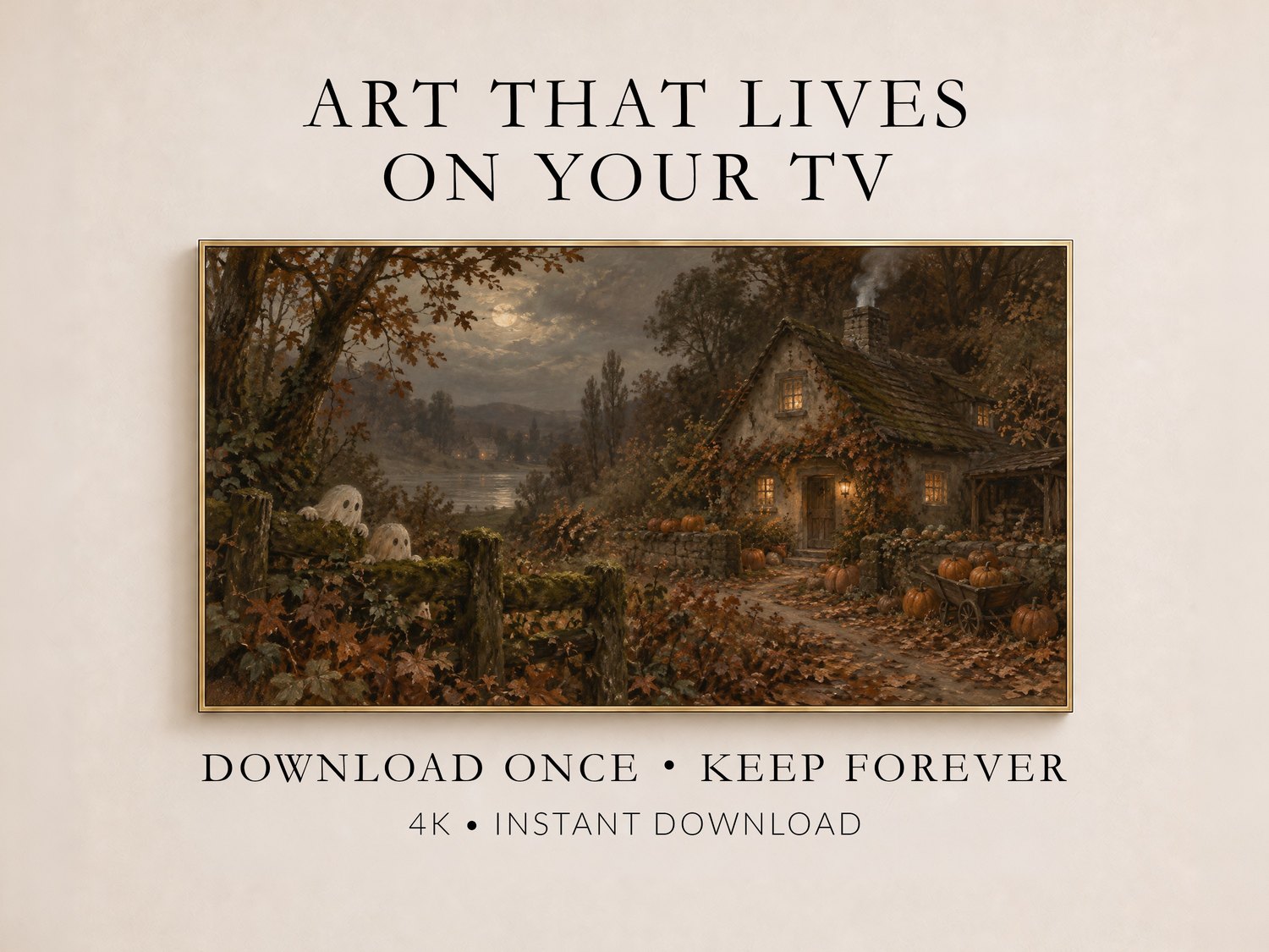 Haunted Autumn Cottage Frame TV Art displayed in a thin gold frame on a cream wall, showing a moonlit stone cottage with pumpkins, ghosts and ivy-covered trees in rich autumn tones.