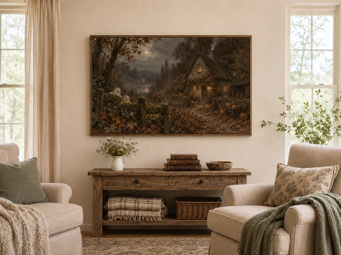 Haunted Autumn Cottage Frame TV Art in a dark wood frame above a rustic console table holding wildflowers, books and a carved bowl, flanked by cream armchairs in a warm farmhouse living room.