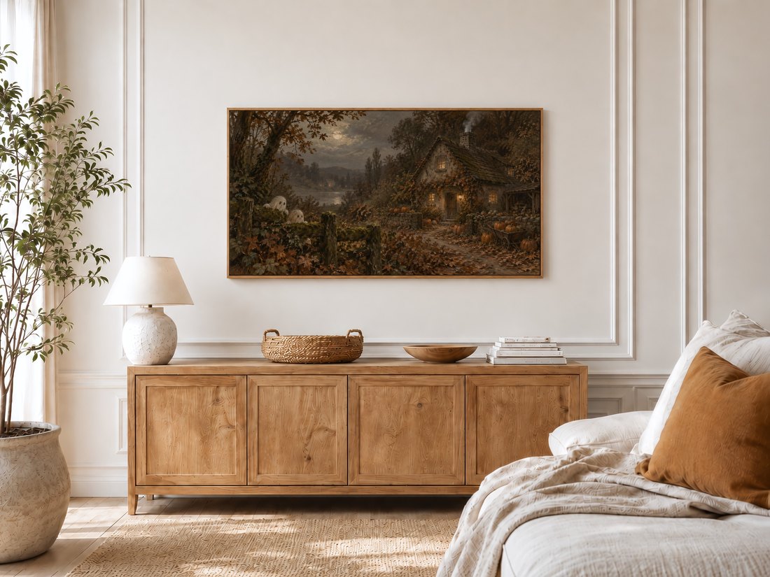 Haunted Autumn Cottage Frame TV Art on cream panelled moulding in a bright bedroom above a light oak sideboard with a ceramic lamp, rattan tray and potted olive tree.