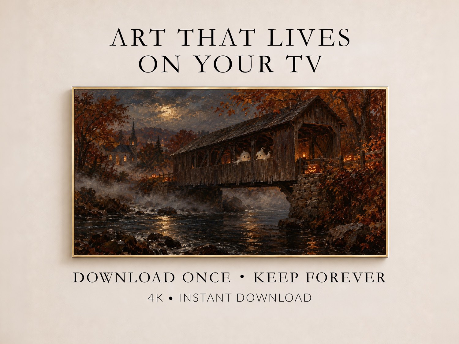 Haunted wooden bridge with two ghosts on a misty moonlit night, surrounded by autumn foliage and glowing jack-o'-lanterns, shown on a Frame TV in a thin gold frame on a soft cream wall.