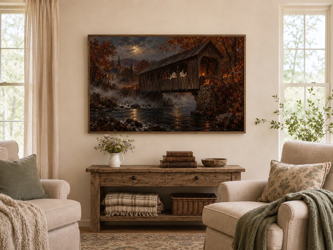 Dark atmospheric art of a haunted wooden bridge with glowing pumpkins in the distance, shown on a Frame TV in a dark wood frame above a rustic console table holding wildflowers and antique books in a farmhouse living room.