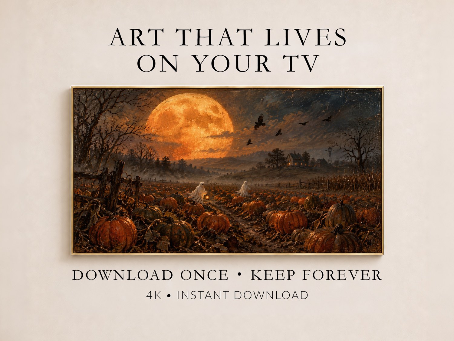 Harvest Moon Over the Pumpkin Field Frame TV Art shown on a promotional display with gold frame on cream wall, highlighting instant download digital art for smart TV.