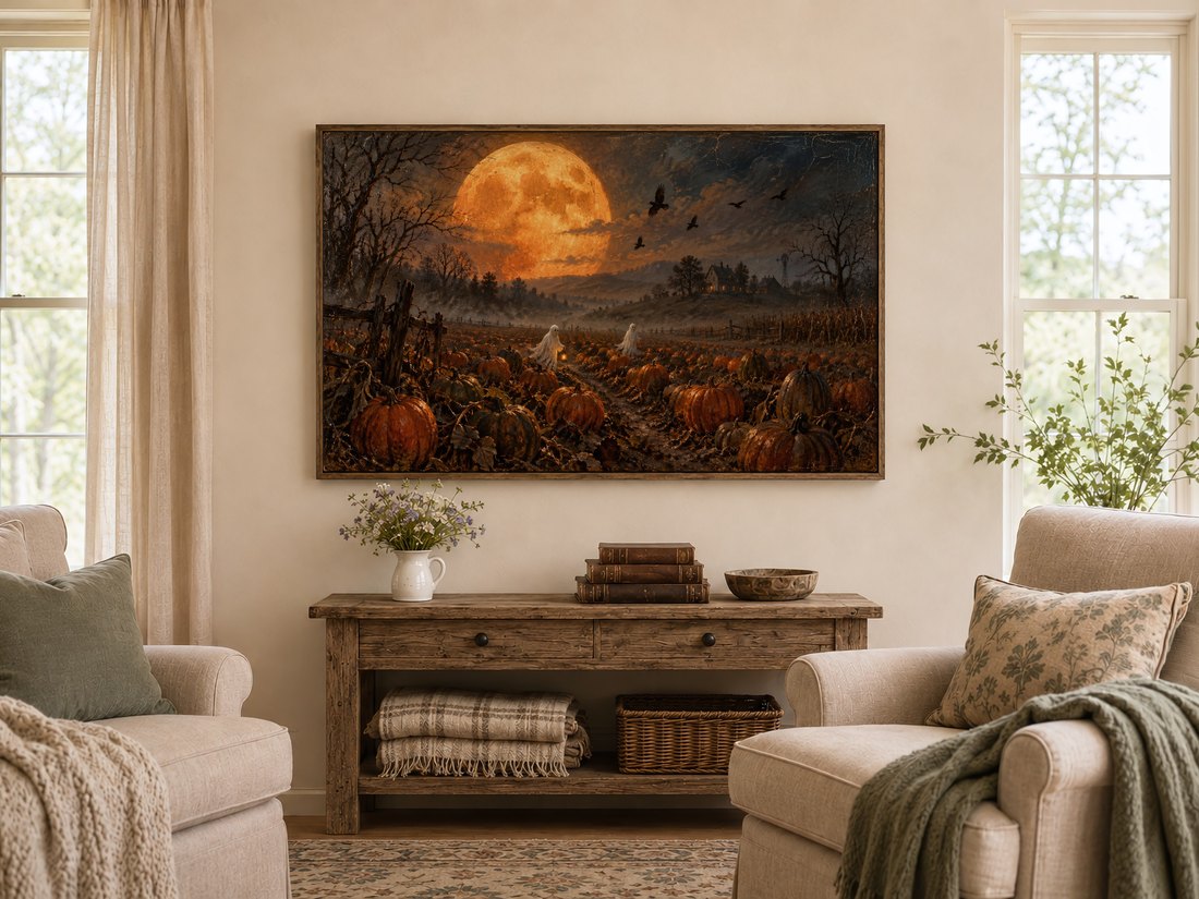 Harvest Moon Over the Pumpkin Field shown on Frame TV above rustic console table in farmhouse living room with wildflowers, antique books, cream armchairs and sage cushions.