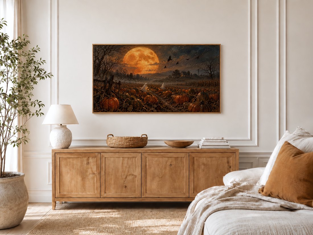 Harvest Moon Over the Pumpkin Field displayed on Frame TV in bright bedroom with cream panelled walls, oak sideboard, ceramic lamp and potted olive tree by window.