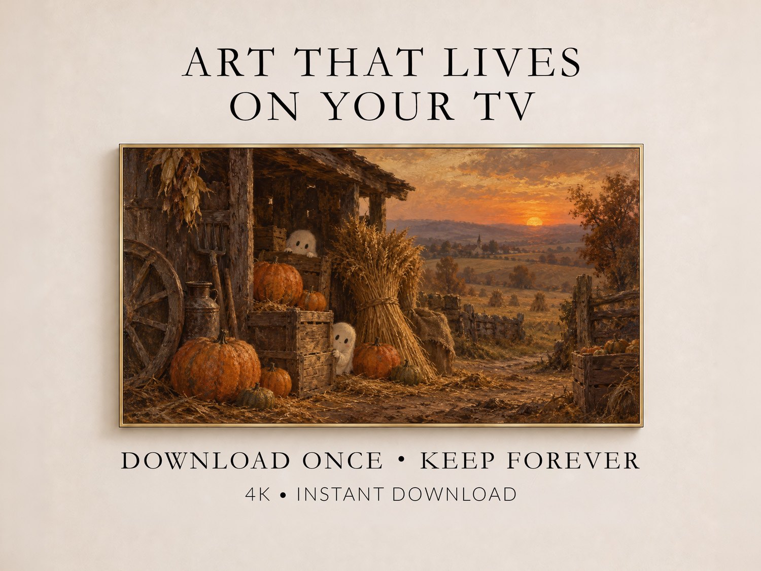 Promotional mockup showing autumn harvest Frame TV art with ghostly scarecrows and golden sunset over farmland, displayed in a thin gold frame on cream wall with marketing text overlay.
