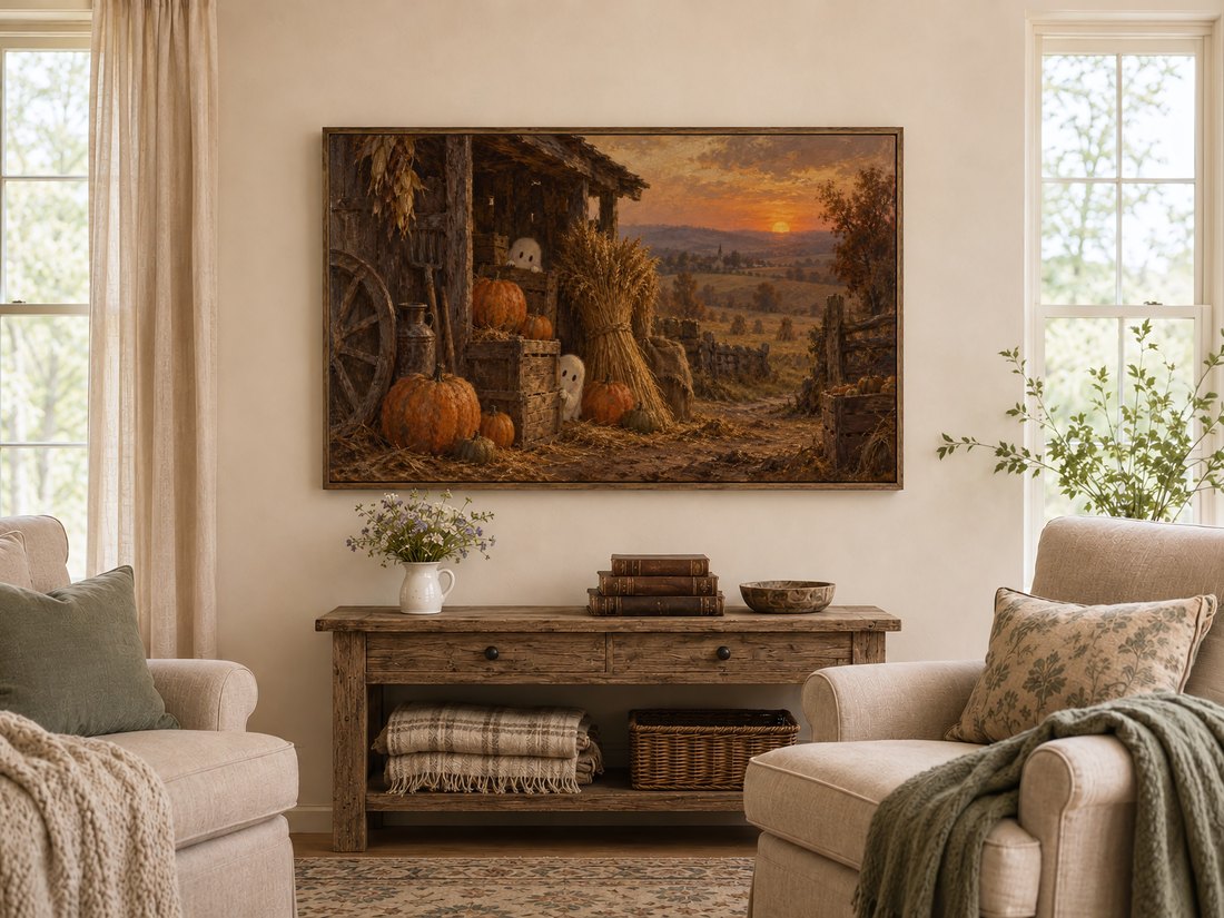 Autumn harvest Frame TV art in dark reclaimed-wood frame above rustic console table holding white pitcher of wildflowers, antique leather books and carved wooden bowl, with cream armchairs with sage cushions and tall linen-curtained windows.