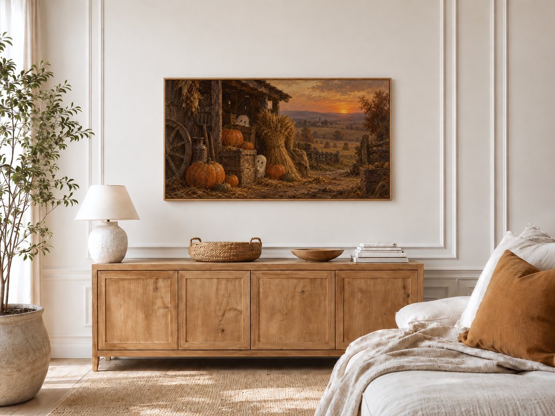 Autumn harvest Frame TV art displayed in bright bedroom with cream panelled moulding, light oak sideboard topped with textured ceramic lamp and rattan tray, potted olive tree by window and linen bed with rust cushion.