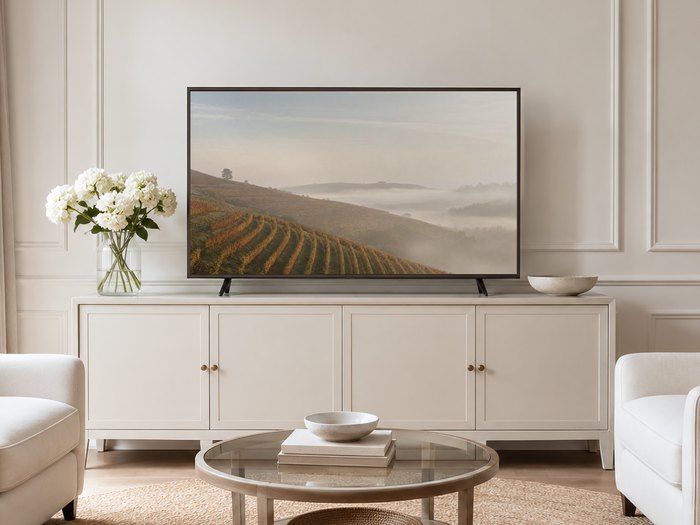Misty vineyard hillside art shown on a Frame TV in a neutral living room with a cream panelled wall, sideboard and white hydrangeas, its gold and rust terraces and soft fog suiting a calm modern space.
