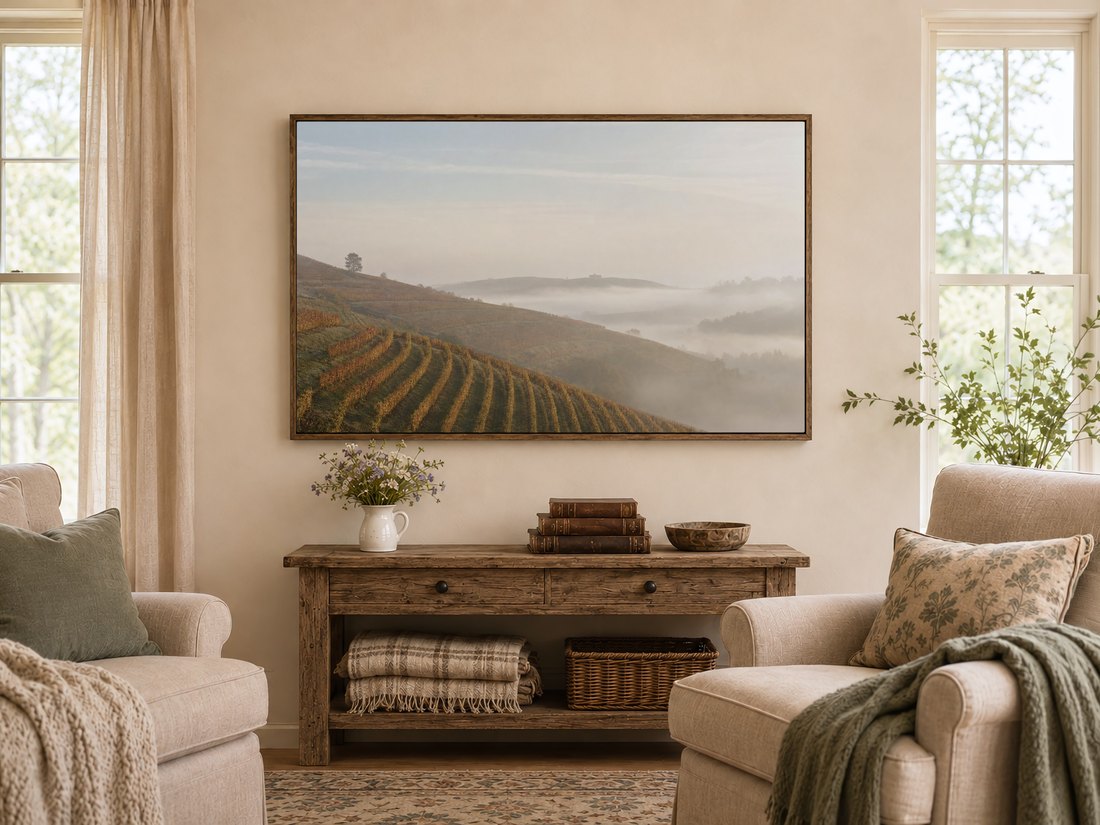 Foggy terraced vineyard art on a Frame TV in a warm farmhouse living room with a rustic console, wildflowers and leather books, the muted gold rows and mist complementing the cozy cream and sage decor.