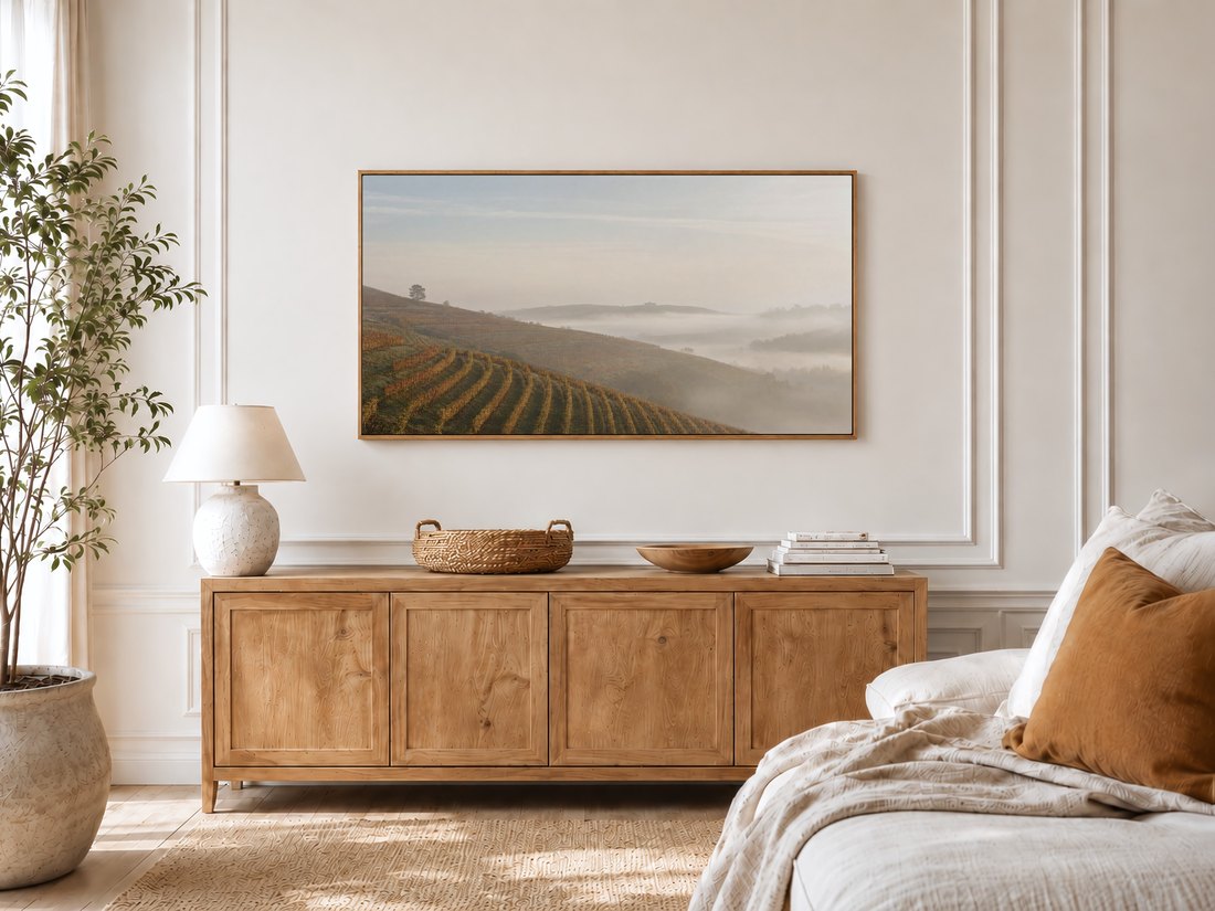 Misty hillside vineyard art on a Frame TV in a bright bedroom with cream panelled moulding, an oak sideboard and a potted olive tree, the soft fog and gold rows adding a quiet morning feel to the room.