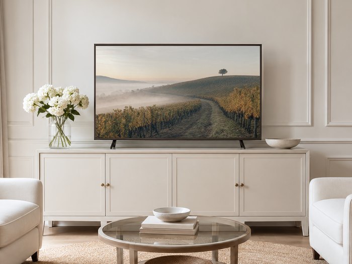 Misty vineyard landscape art displayed on a Frame TV in a neutral living room with a cream sideboard, white hydrangeas and pale armchairs on a jute rug, adding calm autumn color to the space.