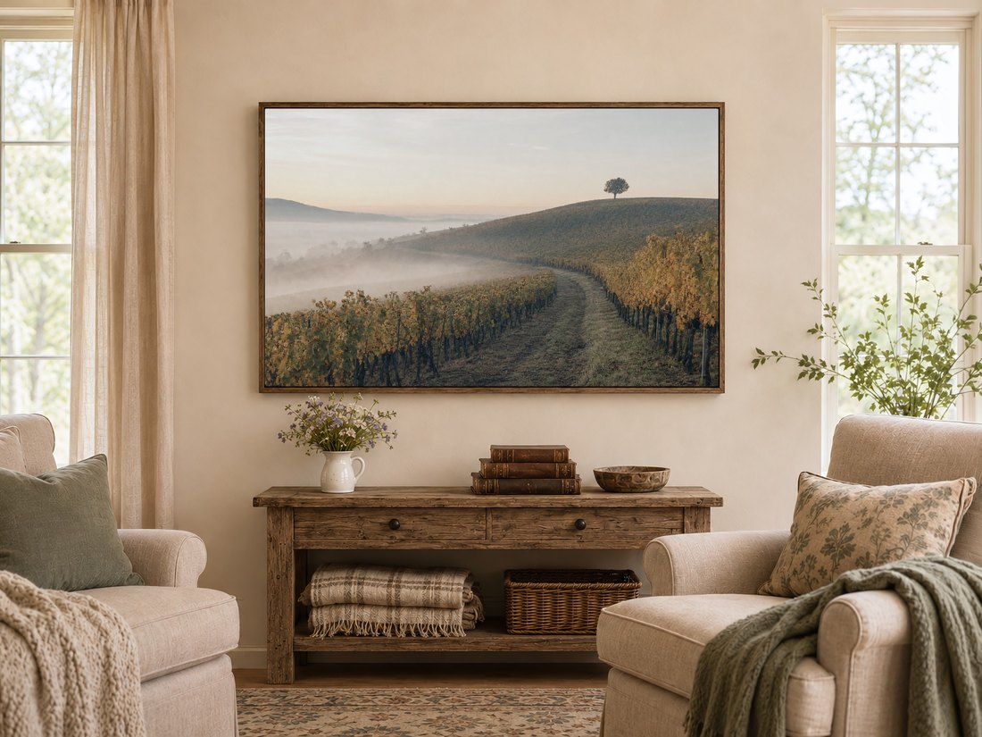 Golden vineyard fog art on a Frame TV above a rustic console table with wildflowers and leather books in a warm farmhouse living room, bringing soft sage and gold tones into the decor.