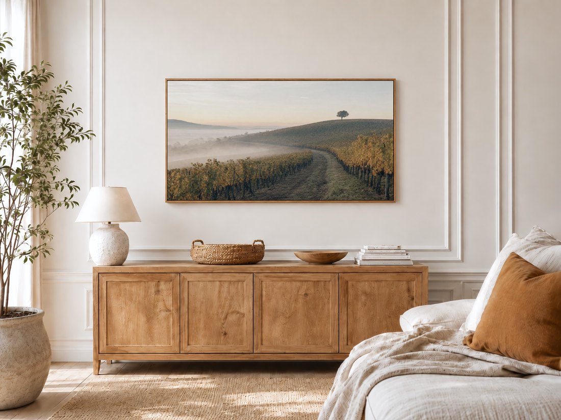 Terraced vineyard art with a lone hillside tree shown on a Frame TV in a bright bedroom with an oak sideboard, ceramic lamp and potted olive tree, adding a quiet countryside mood.