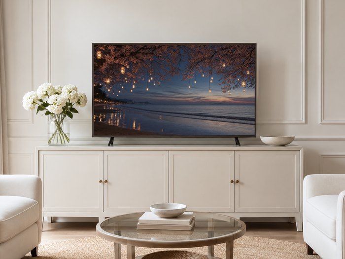 Cherry blossom and lantern beach scene at dusk displayed on a Frame TV in a neutral living room with a cream panelled wall, a long cream sideboard, white hydrangeas, a glass coffee table and pale armchairs on a jute rug.