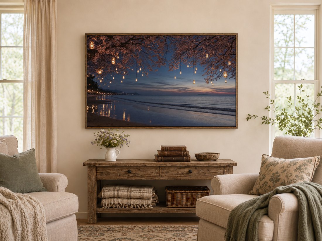 Soft pink blossoms and glowing lanterns over a calm dusk shoreline shown on a Frame TV in a warm farmhouse living room, above a rustic console table with a white pitcher of wildflowers, near cream armchairs with sage cushions.