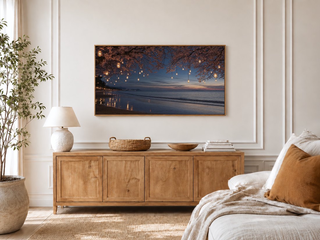 Dusk beach art with hanging lanterns and cherry blossoms displayed on a Frame TV in a bright bedroom with cream panelled moulding, a light oak sideboard, a textured ceramic lamp and a linen bed with a rust cushion.