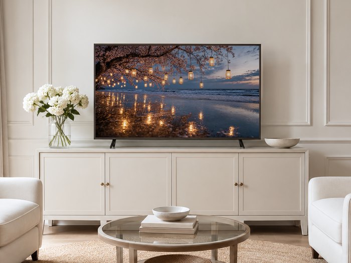 Cherry blossom lantern beach art shown on a Frame TV in a neutral living room with a cream panelled wall, long cream sideboard, white hydrangeas in a glass vase, a round glass coffee table and pale armchairs on a jute rug.