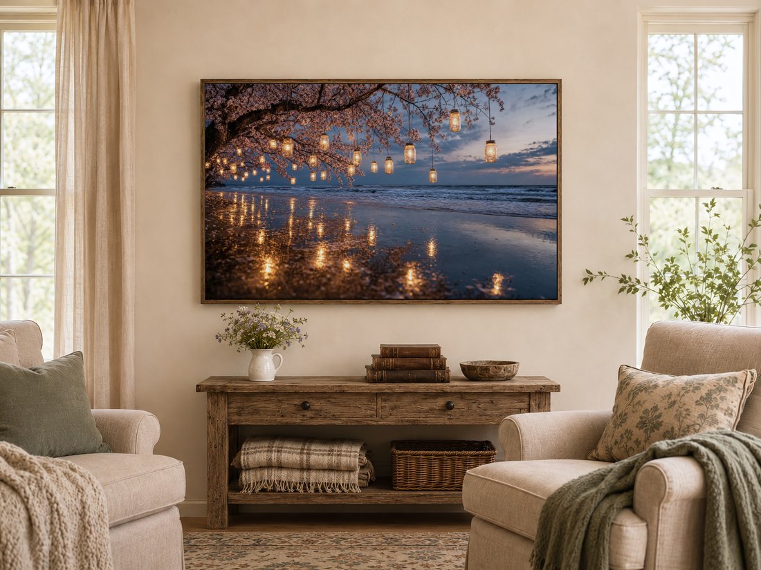 Blush pink blossom and lantern beach scene displayed on a Frame TV in a warm farmhouse living room, framed in dark reclaimed wood above a rustic console with wildflowers, leather books and a carved wooden bowl, flanked by sage cushioned armchairs.