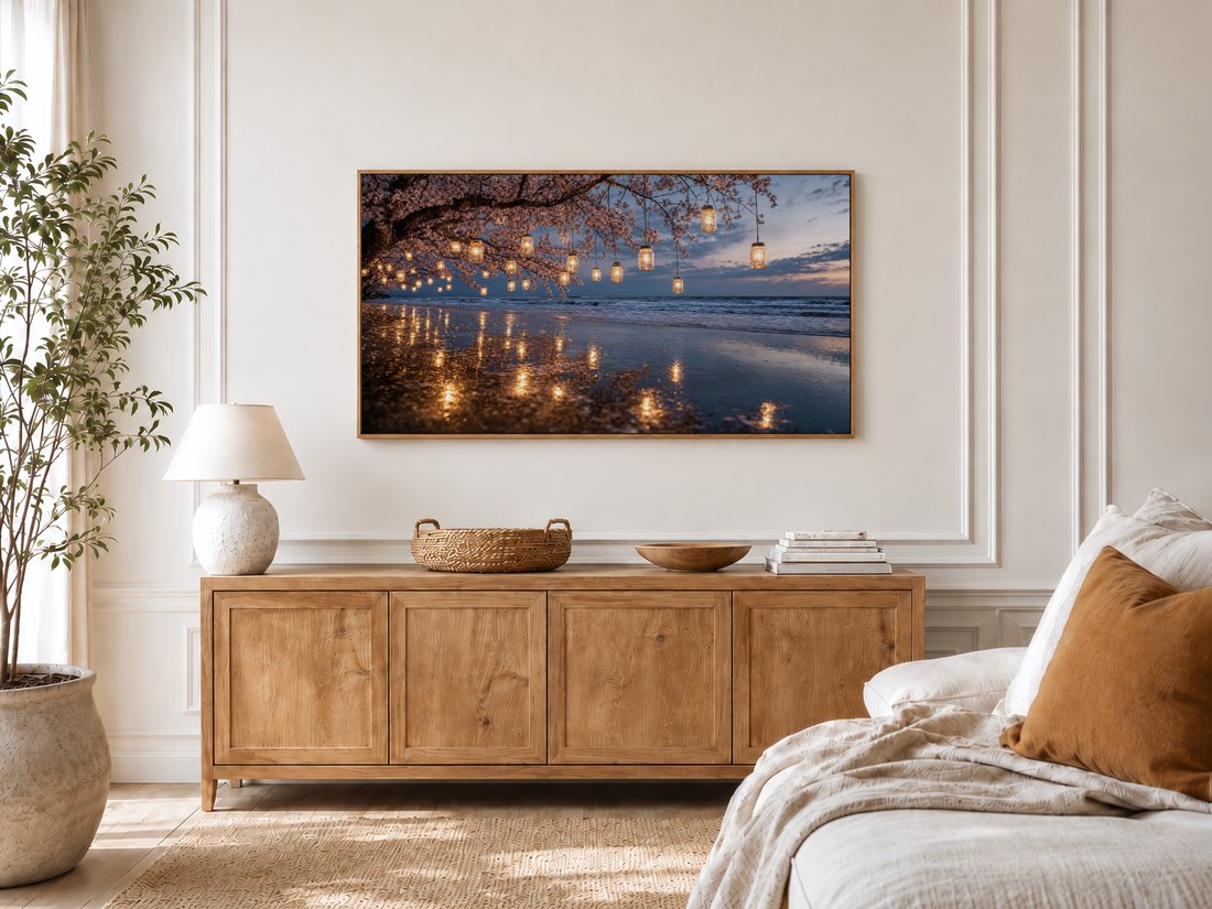 Twilight lantern beach art shown on a Frame TV in a bright bedroom with cream panelled moulding, a light oak sideboard, textured ceramic lamp, potted olive tree and a linen bed with a rust cushion nearby.