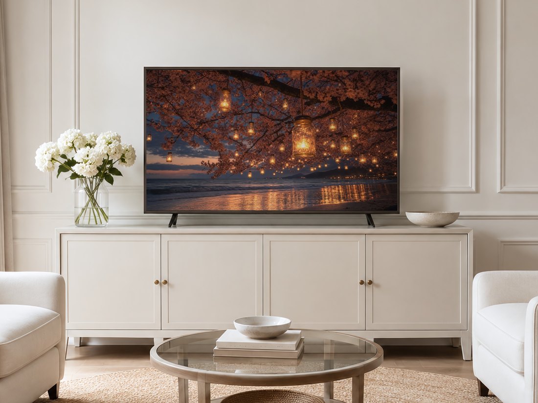 Cherry blossom lantern beach art shown on a Frame TV in a neutral living room with a cream panelled wall, long cream sideboard, glass vase of white hydrangeas and pale armchairs on a jute rug.