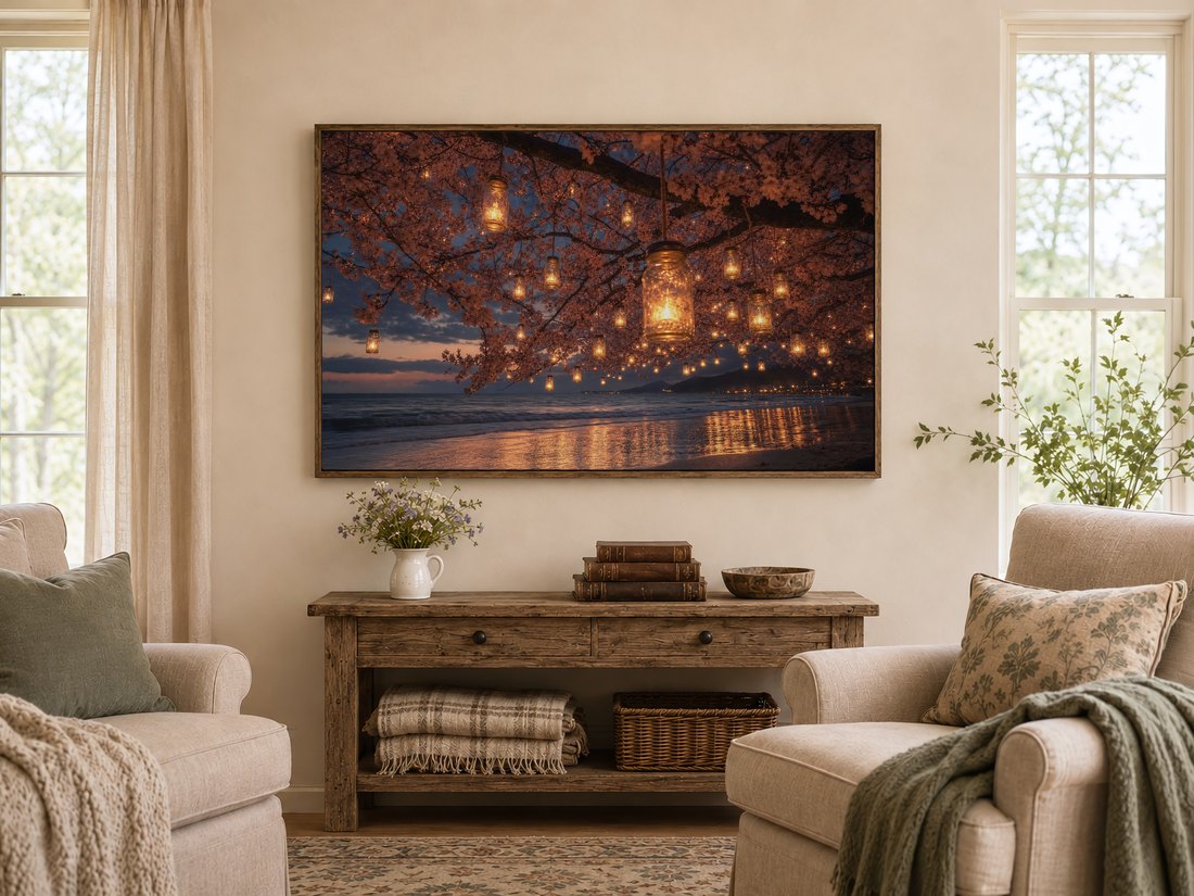 Cherry blossom lantern beach art displayed on a Frame TV above a rustic reclaimed wood console table in a farmhouse living room, flanked by cream armchairs with sage cushions and linen curtains.