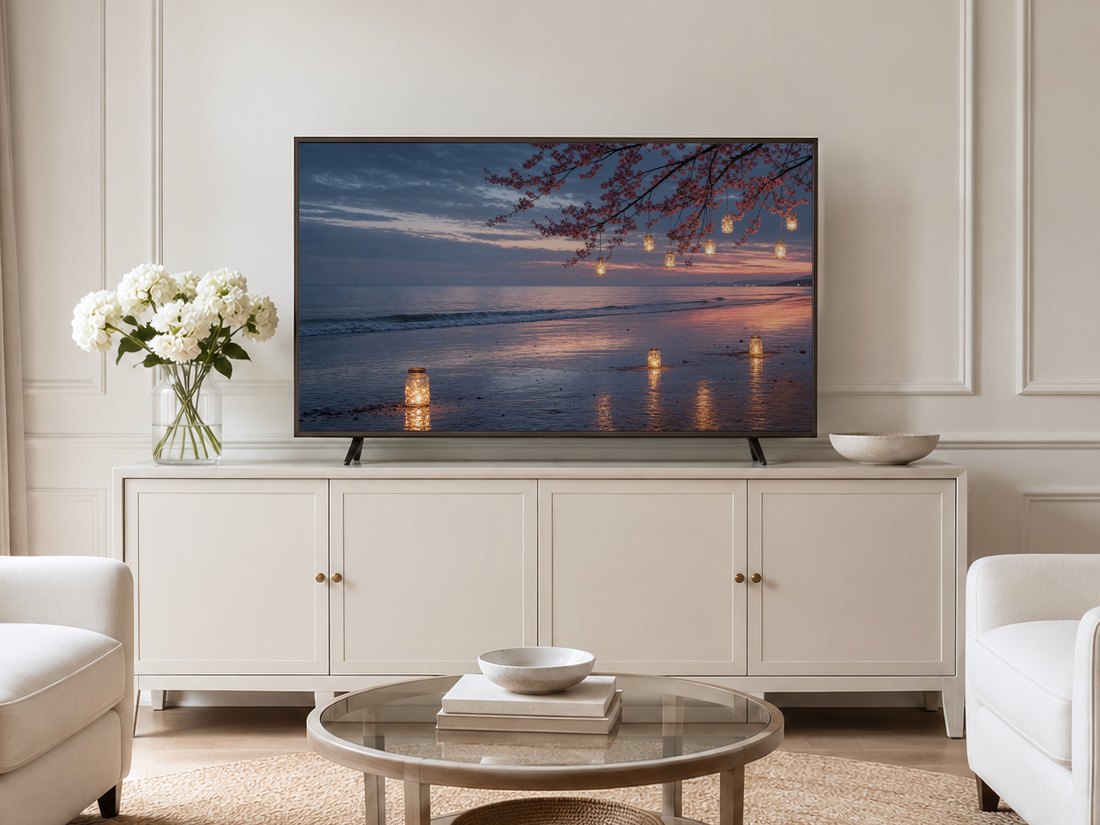 Cherry blossom and lantern jar beach art on a Frame TV in a neutral living room with a cream sideboard, white hydrangeas, glass coffee table and pale armchairs on a jute rug.