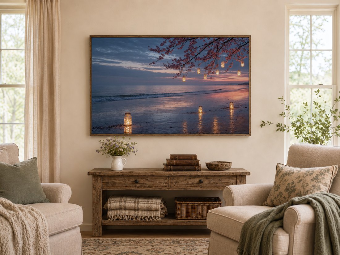 Dusk beach art with glowing lantern jars and cherry blossoms displayed on a Frame TV in a warm farmhouse living room, above a reclaimed-wood console with wildflowers and books.