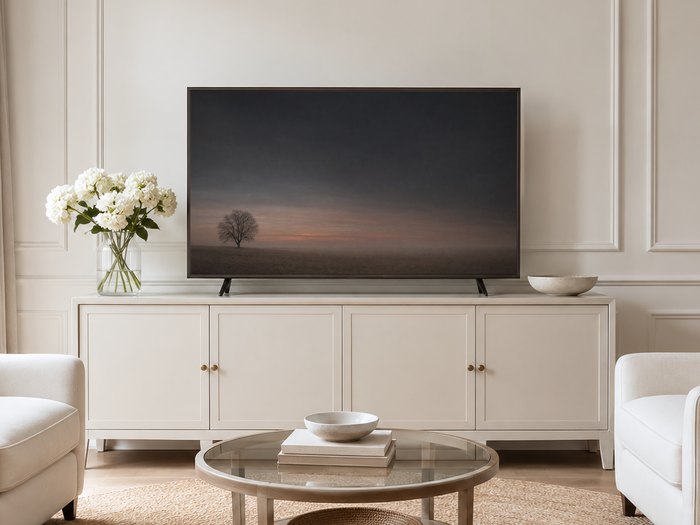 Foggy field landscape with a lone bare tree shown on a Frame TV in a neutral living room, with a cream sideboard, white hydrangeas and pale armchairs on a jute rug, softening the space with muted dusk tones.