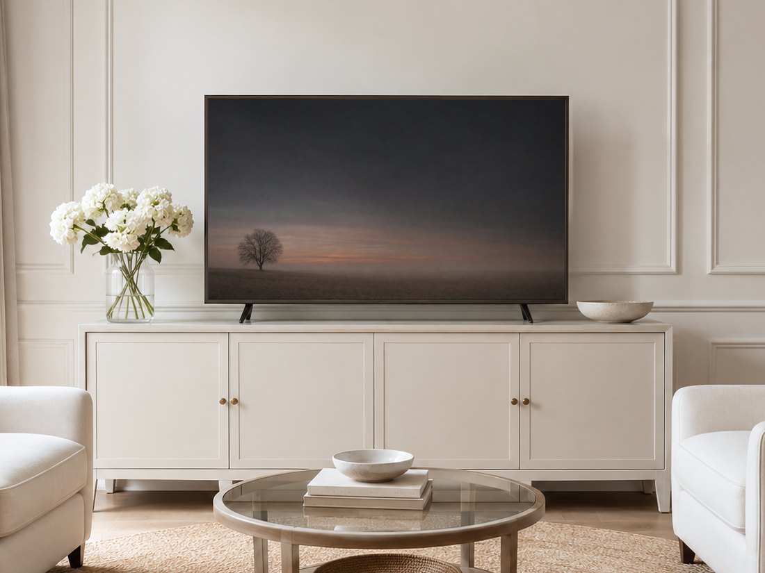 Foggy field landscape with a lone bare tree shown on a Frame TV in a neutral living room, with a cream sideboard, white hydrangeas and pale armchairs on a jute rug, softening the space with muted dusk tones.
