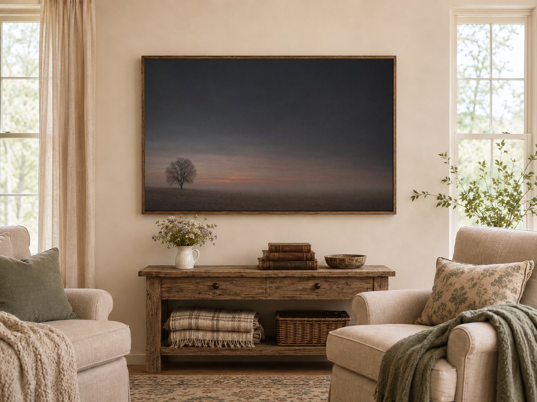 Misty tree silhouette artwork displayed above a rustic console table in a warm farmhouse living room, with wildflowers, leather books and cream armchairs echoing the soft rust and charcoal sky tones.