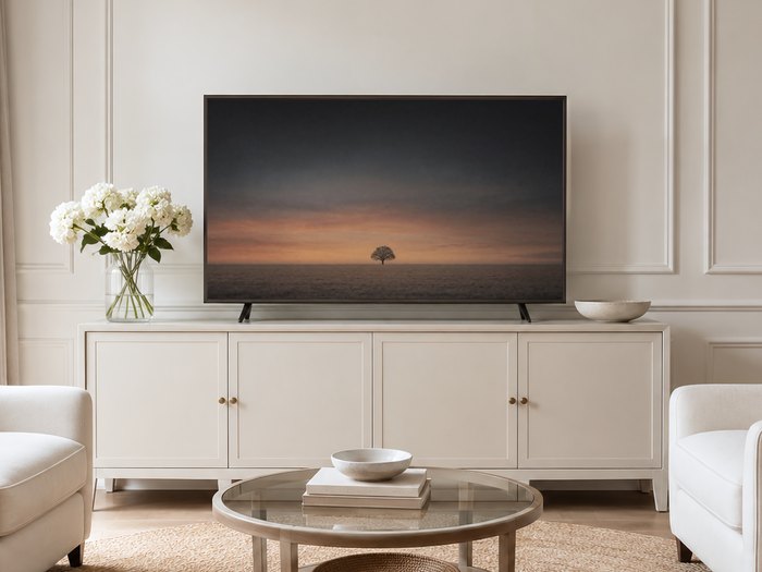 Lone tree at dusk frame TV art displayed in a neutral living room with a cream panelled wall, long sideboard, white hydrangeas and pale armchairs on a jute rug, adding quiet contrast to a soft decor palette.