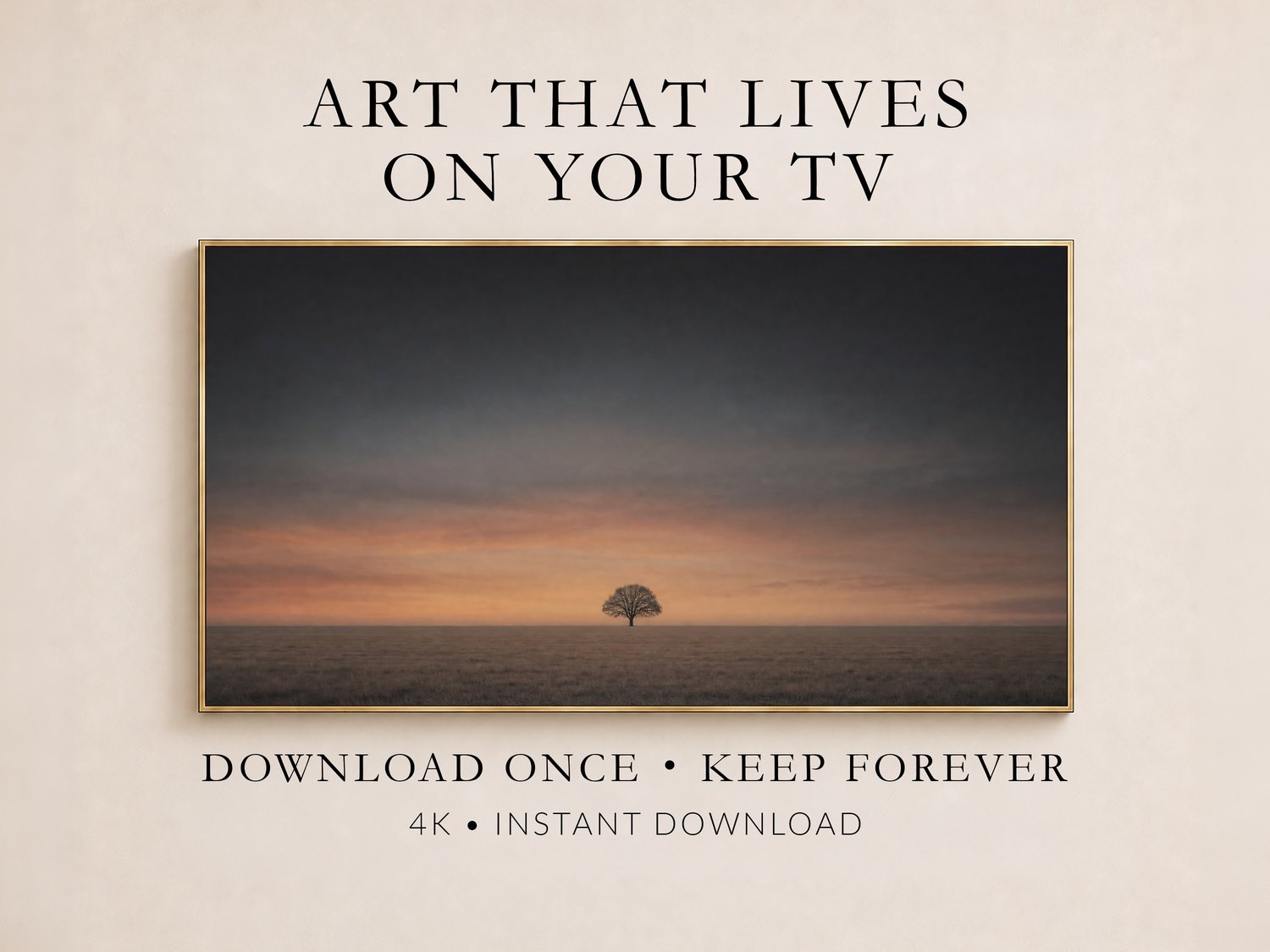 Lone tree silhouette frame TV art shown in a thin gold frame on a cream wall, with a muted rust and charcoal dusk sky, promoting instant 4K digital download for your TV screen.